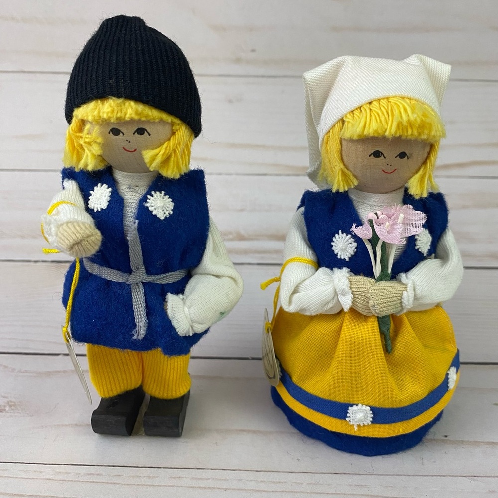 Sweden Butticki Wooden Doll Figures Summer Boy & Girl Handmade Folk Art